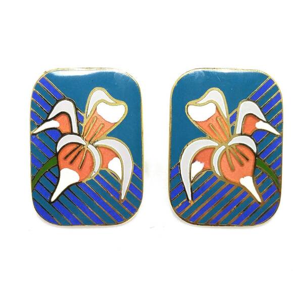 Laurel Burch Gold Plate "Iris" Teal Blue & Orange Enamel Cloisonne, 1980s - Picture 2 of 7